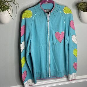 Vintage BEREK Pink Heart Blue Buttons Sequin Hand Zip Sweater Cardigan Plus 1x